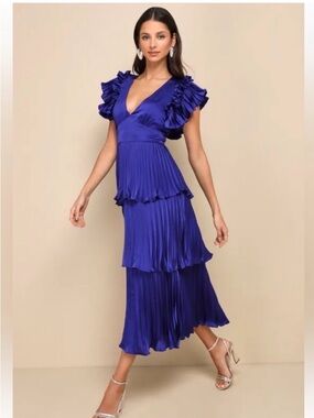 Lulus Stunning Desire Cobalt Blue Satin Pleated Tiered Midi Dress Size Small